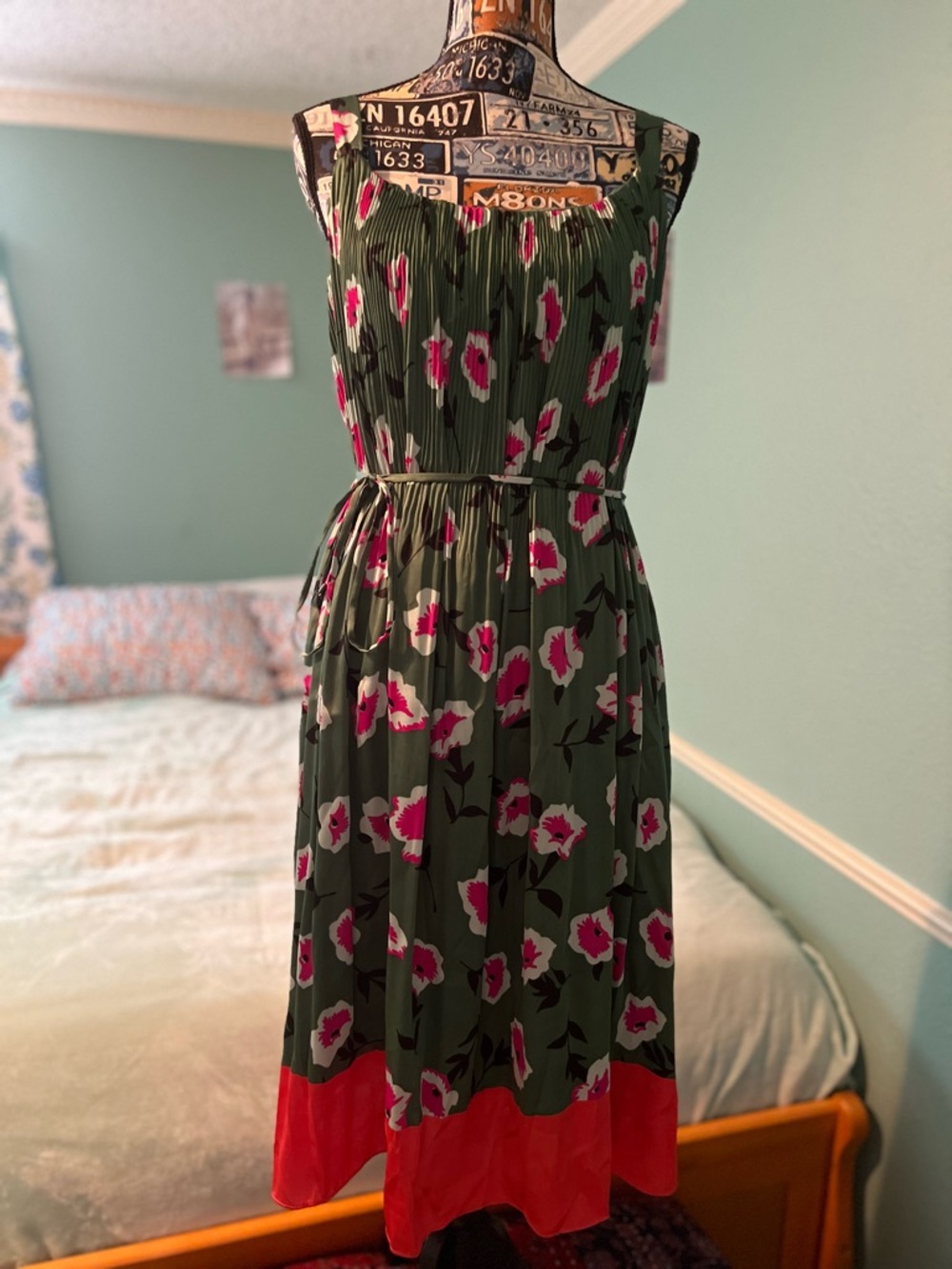 Anthropologie Olive Green Floral Midi Dress with Pink and Red Hem